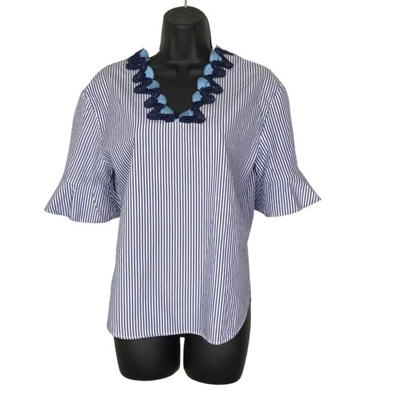 Sandro Paris Blue & White Striped Cotton Blouse With Lace Neck Line Size  M - Picture 1 of 7